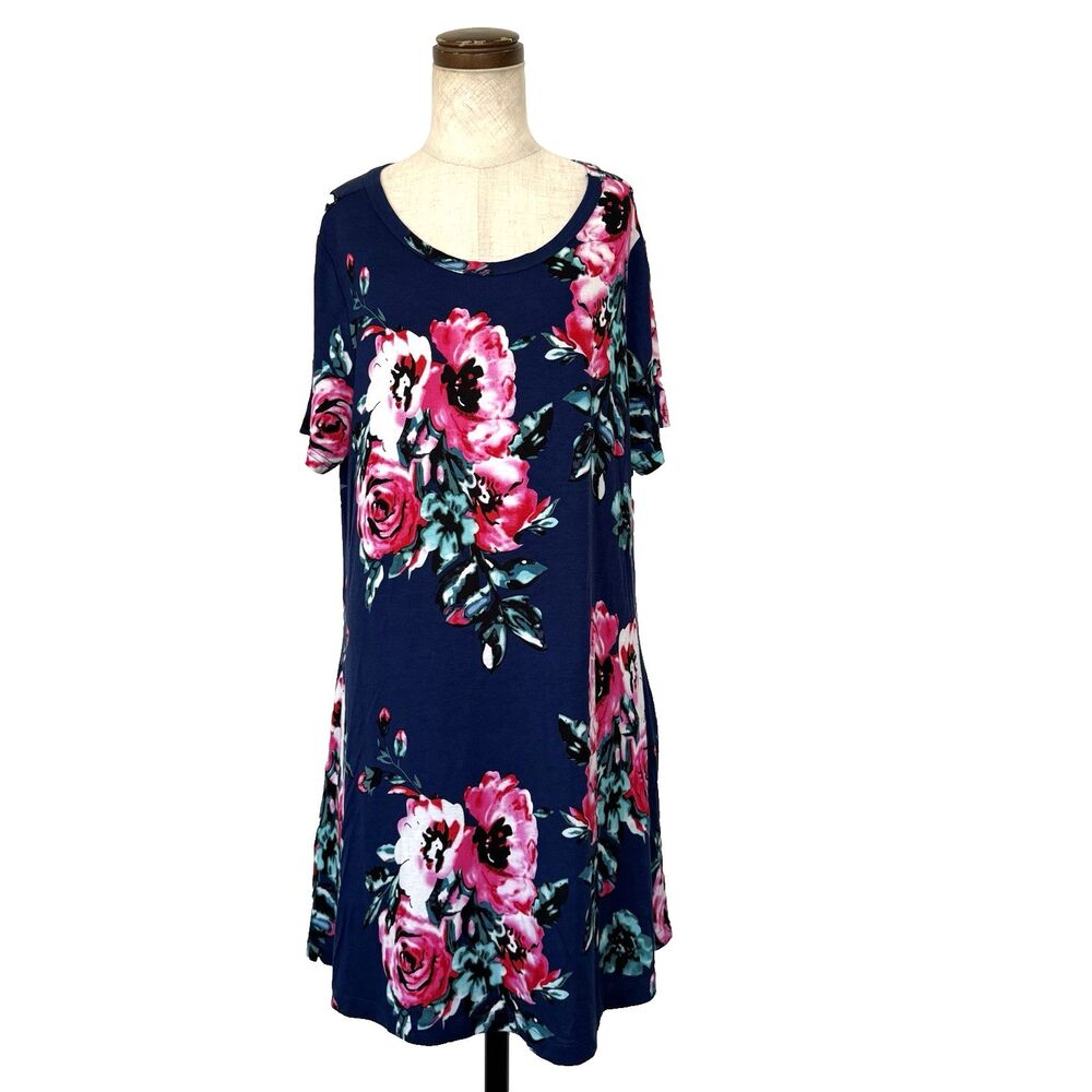 Korsis Blue Floral Mini Dress Size XL Drop Waist Botanical Garden Tunic Flowy